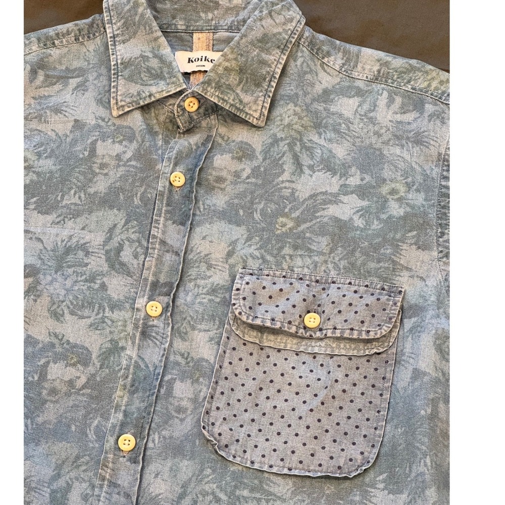 Koike‎ Barcelona Mens Blue Tropical Cotton Button Down Surf shirt L Denim - Picture 7 of 8